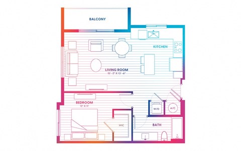 Floor plan for 1 bed, 1 bath, 725 sqft